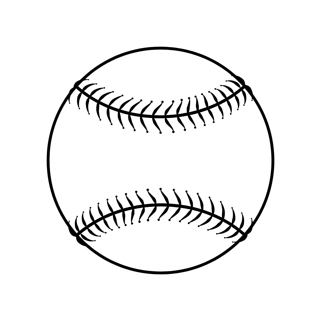 A black and white drawing of a baseball on a white background.