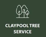 Claypool Tree Service logo with outline of trees on a dark green background.