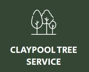 Claypool Tree Service logo with outline of trees on a dark green background.