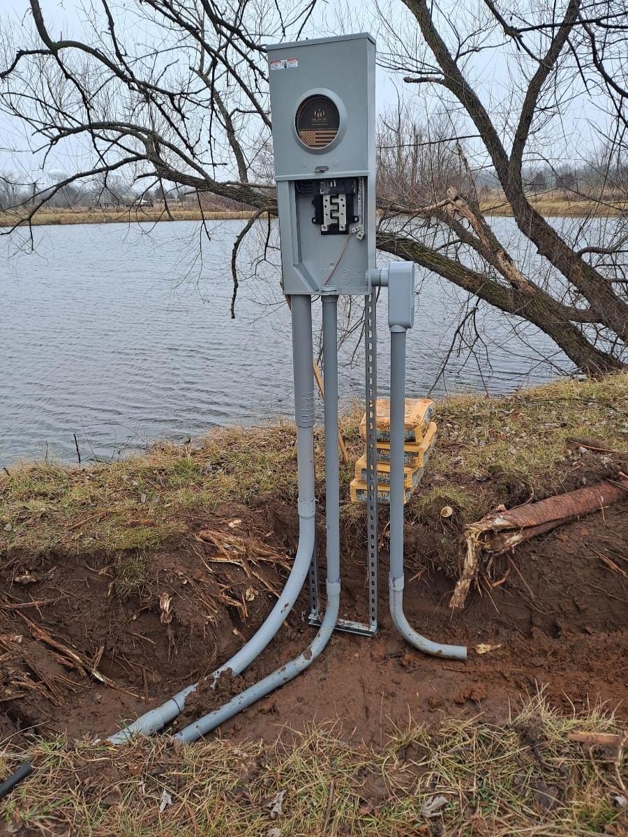 Gray electrical meter box with conduit by a lakeshore, surrounded by bare trees and muddy ground