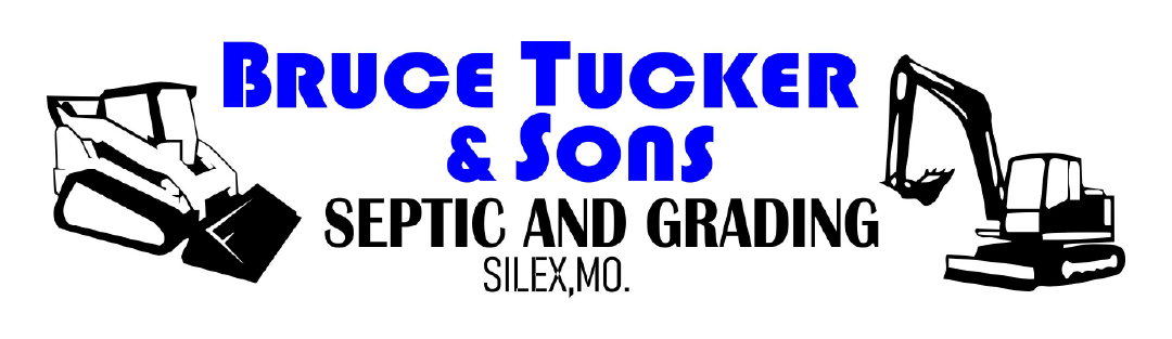 Bruce Tucker & Sons Septic and Grading, Silom, MO, with excavator graphics and blue-black logo text