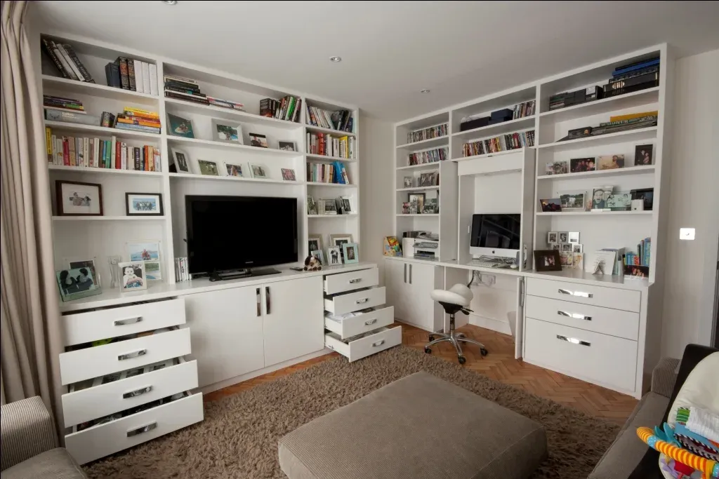 White built-in bookshelves with a TV, desk, and drawers in a living room on a brown carpet.