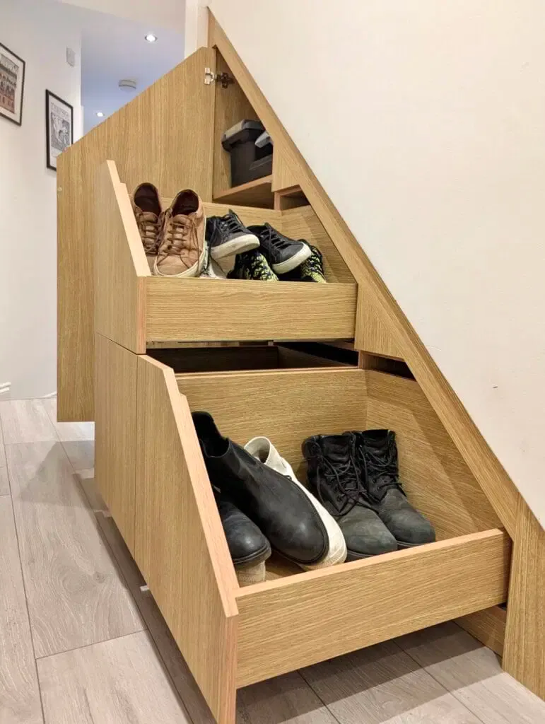 Wooden built-in shoe storage under stairs, with various shoes inside open compartments.