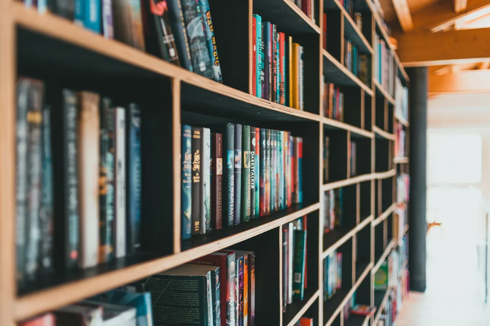 Bookshelves filled with books in various colors.