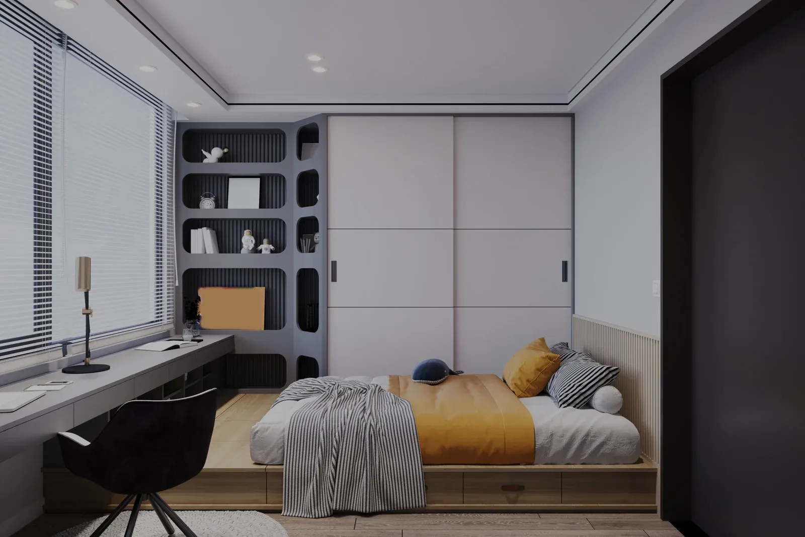 Bedroom with white built-in wardrobes, bed, window with blinds, and a fluffy rug.