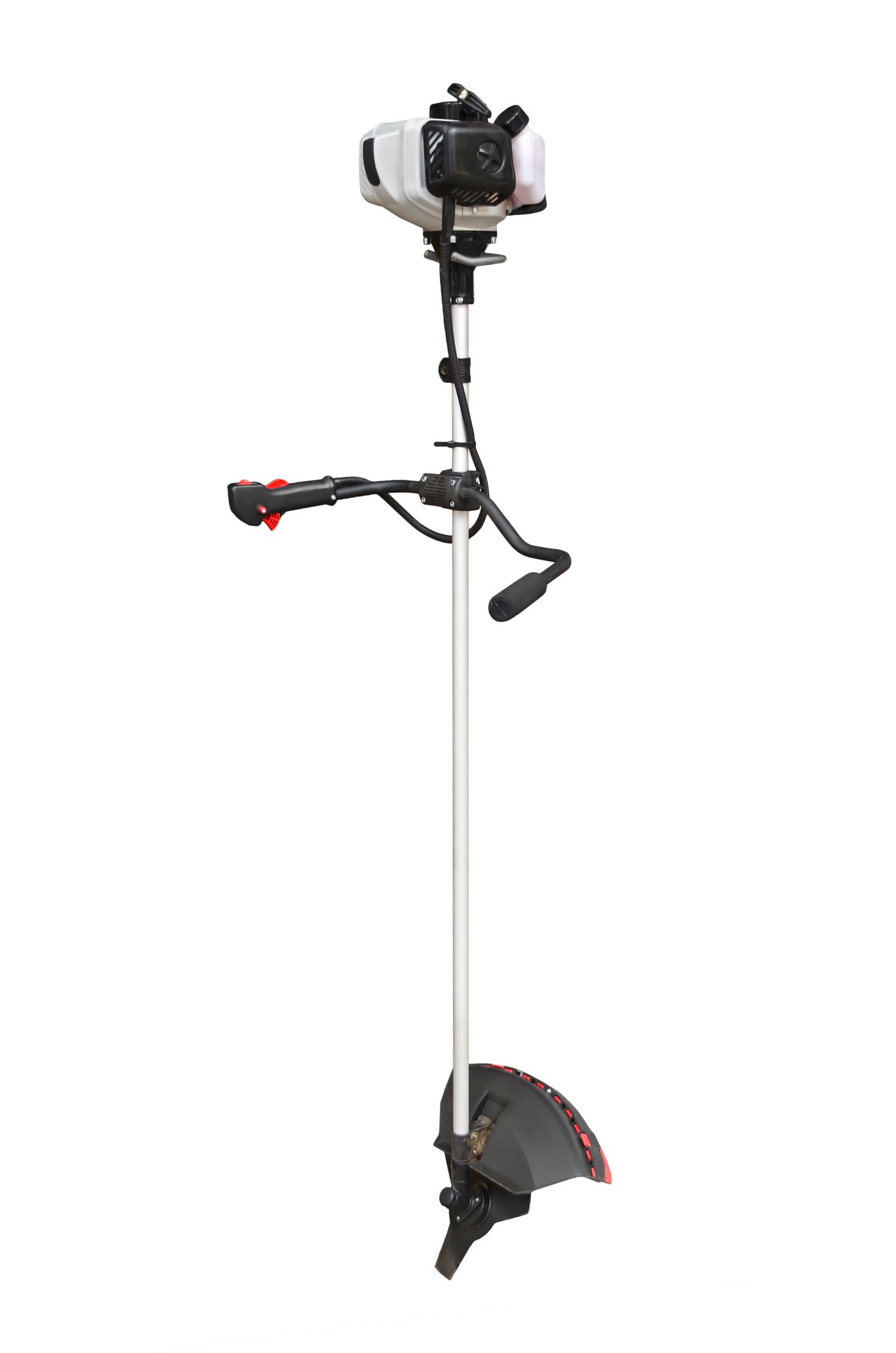A brush cutter with a motor attached to it on a white background.