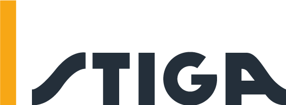 The logo for stiga is black and yellow on a white background.
