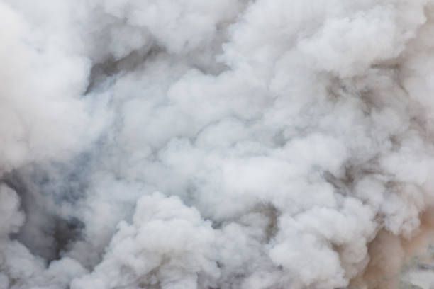 A large cloud of white smoke is coming out of a fire.