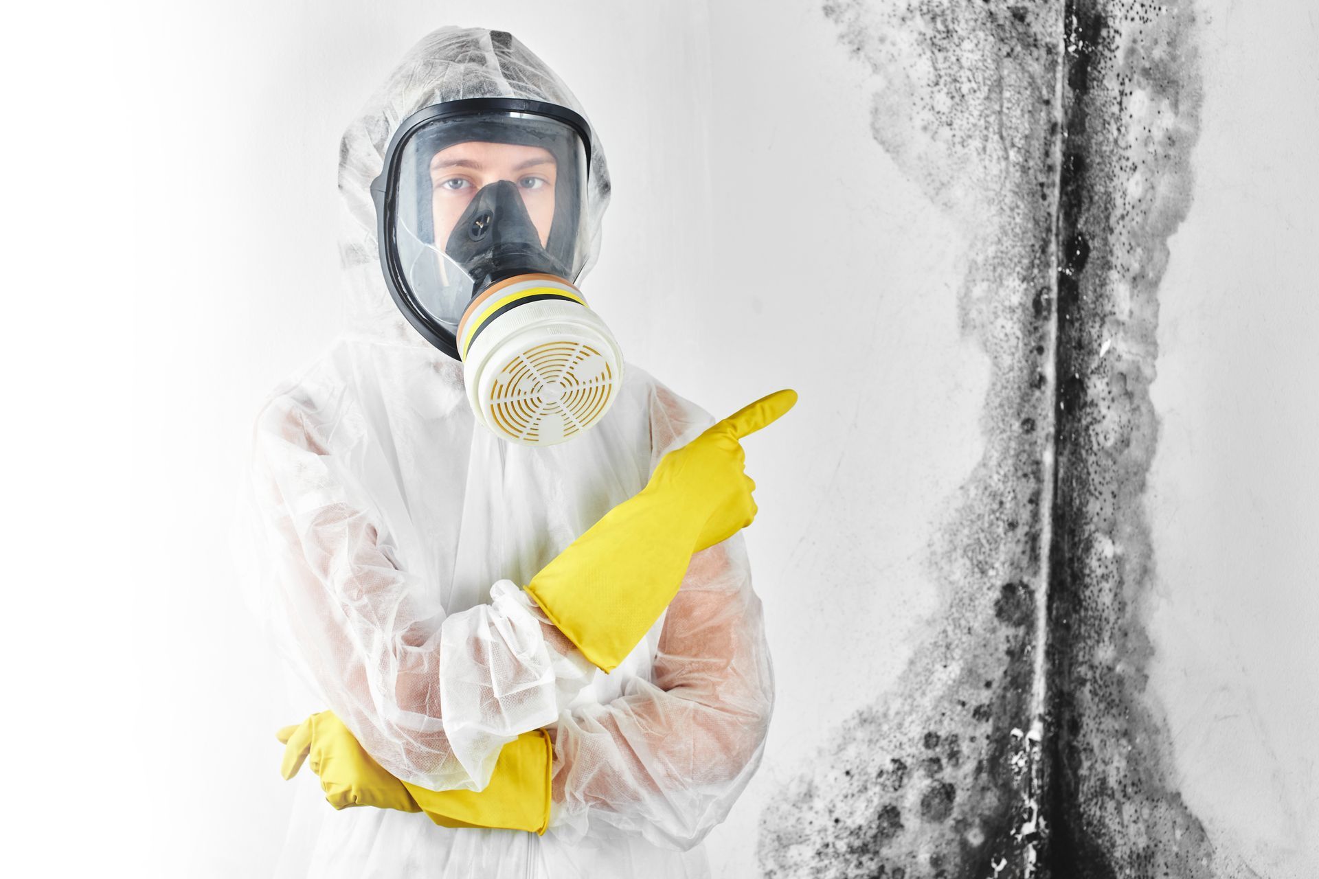A person wearing a gas mask and gloves is pointing at a moldy wall.