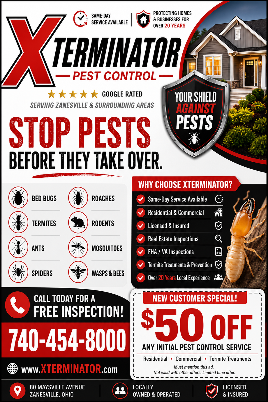 Xterminator pest control ad with “Stop Pests Before They Take Over,” $50 off, and phone number 740-454-8000