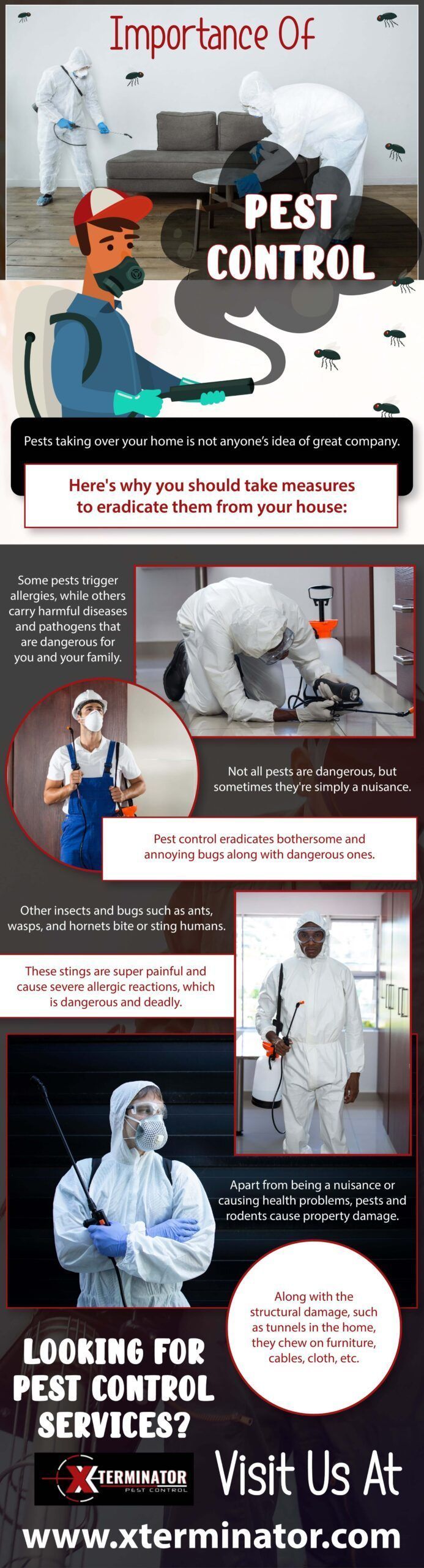 Promotional flyer for pest control service with technician treating home and contact information.