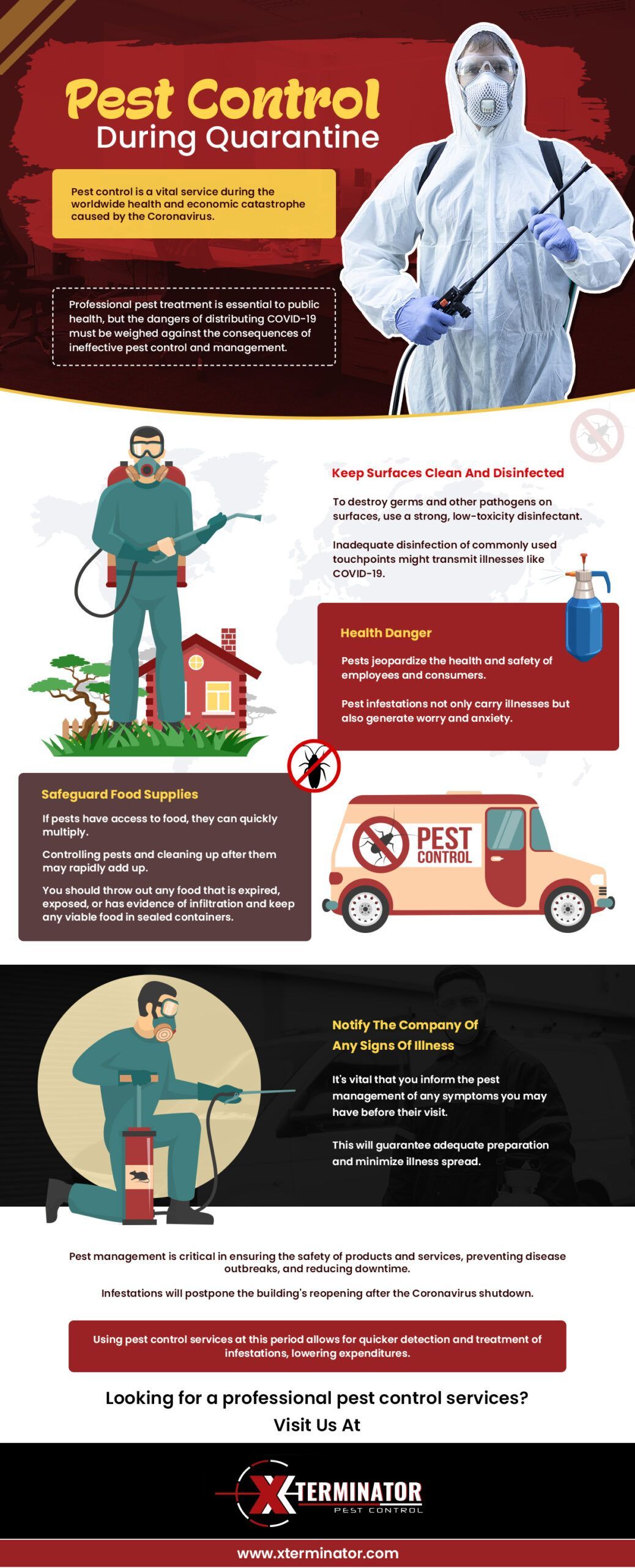 Pest control safety infographic with workers in protective gear, pesticide sprayer, and warning text sections.