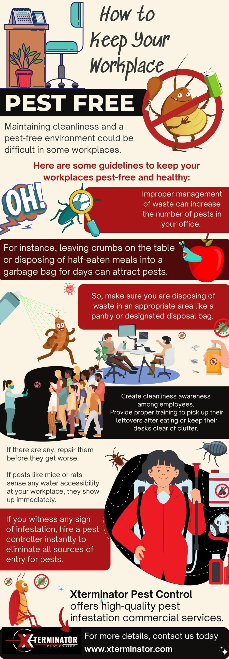 Poster asking “How to keep your home pest free,” with illustrations of cockroaches, a family, and red warning graphics.