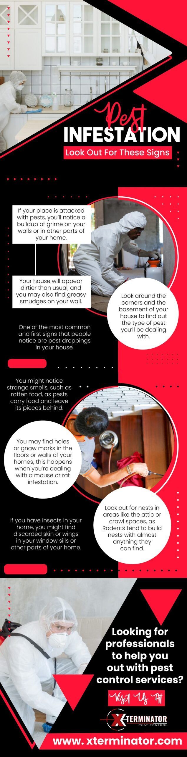 Infestation poster with red and black layout, showing pest signs, treatment steps, and warning callouts