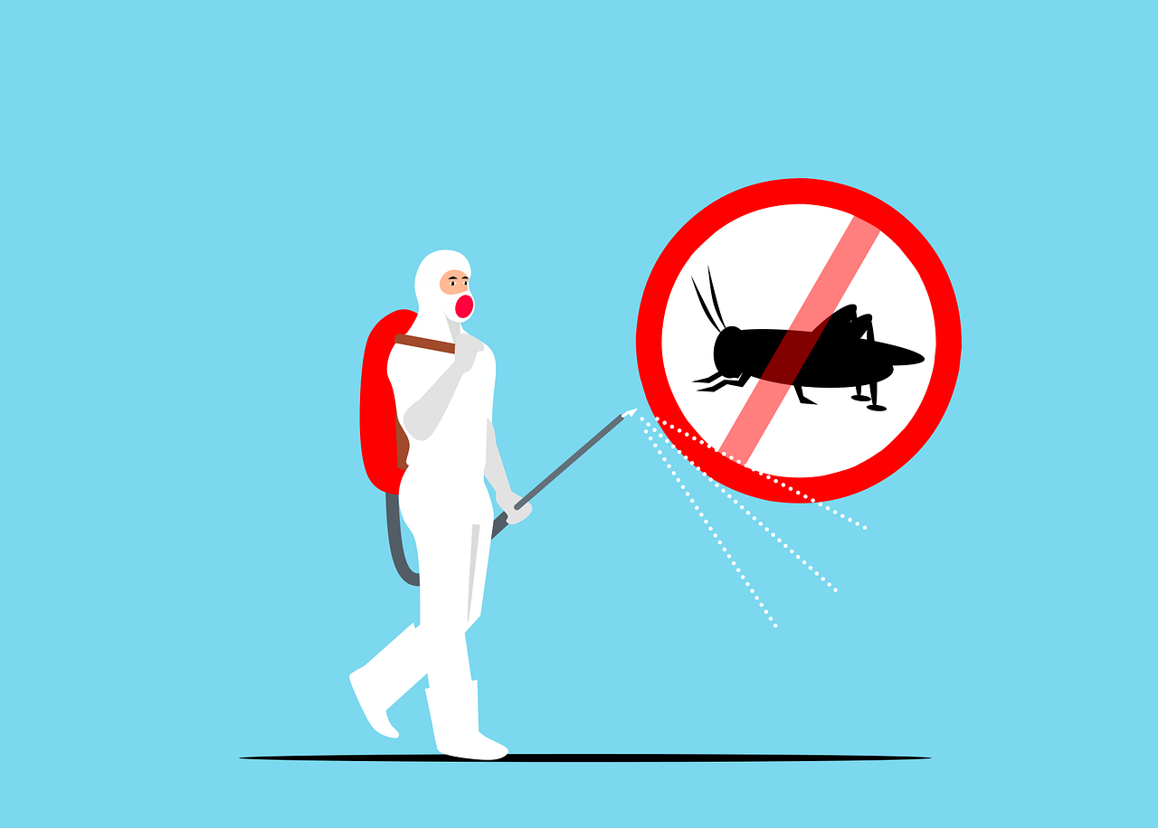 Person in white spraying a red-circled, crossed-out insect on a blue background.