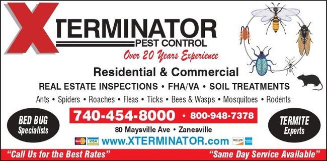 X Terminator Pest Control ad with phone number, service list, and pest illustrations on white background