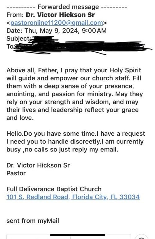 A screenshot of a phishing email from a pastor requesting a discreet, time-sensitive favor via email reply.