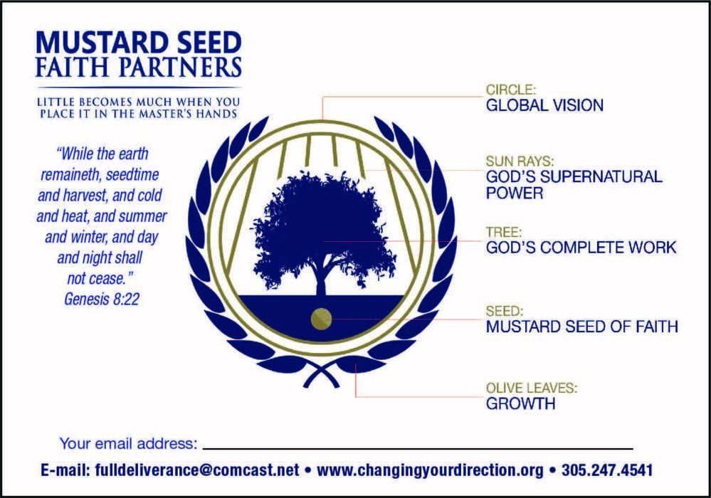 Informational graphic for Mustard Seed Faith Partners, featuring a tree logo with labeled symbols and contact information.