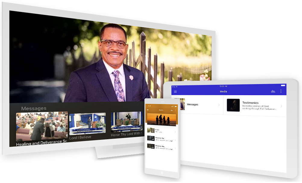 A digital display showing a person in a suit on a TV, a phone, and a tablet, all featuring church-related media content.