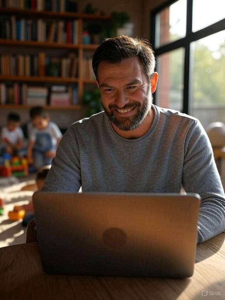A smiling person works on a laptop at a table in a home office with a bookshelf and children playing in the background.