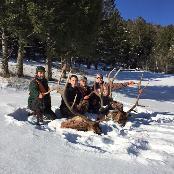Four men posing with two dead mule deer