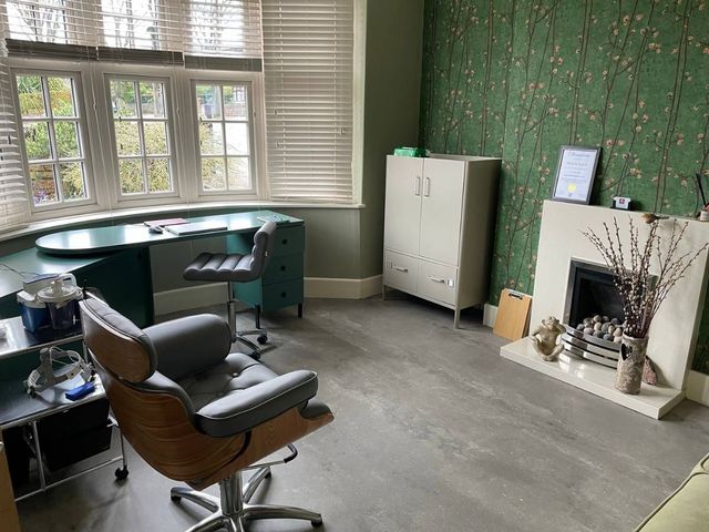 Michele's treatment room at Happy Ears in Woodthorpe, with a reclining treatment chair by the bay window