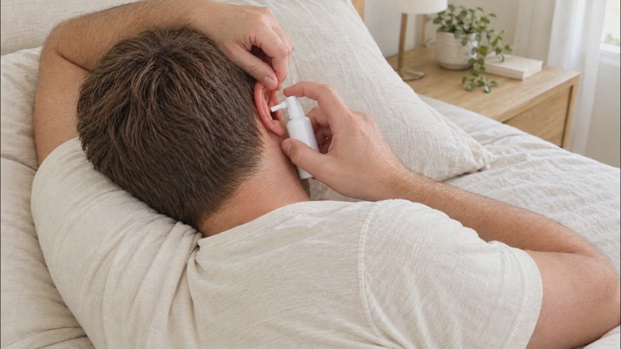 Olive oil spray being used at the entrance of the ear canal to soften ear wax before removal