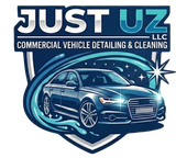 Logo for Just Uz LLC, commercial vehicle detailing and cleaning, featuring a blue sedan and starburst