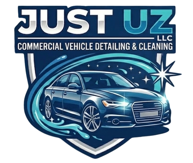 Logo for Just Uz LLC, commercial vehicle detailing and cleaning, featuring a blue sedan and starburst