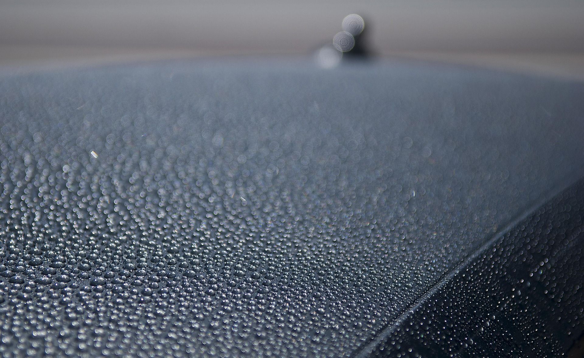 Close-up of a textured dark blue car hood with a small blurred object in the distance