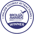 Brolga Awards 2023 winner seal. Blue circular badge with text and a stylized bird,