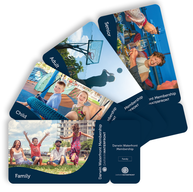 Multi-card membership: Child, Adult, Senior, Family. Blue, with action shots of recreational activities.
