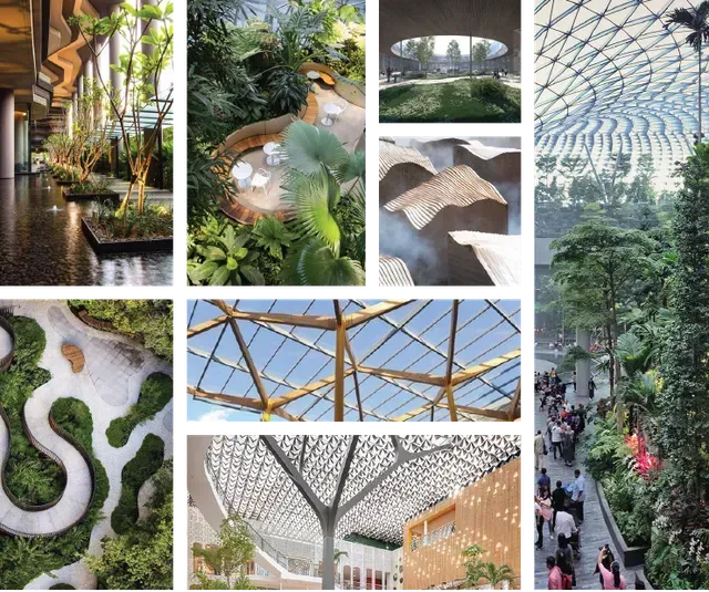 Collage of architectural elements with green plants and natural light. Includes interior and exterior views of a green space.