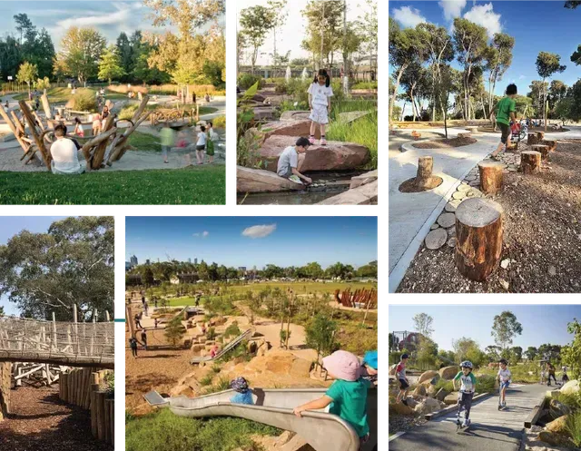 Children playing in a natural playground with logs, rocks, and a bridge.