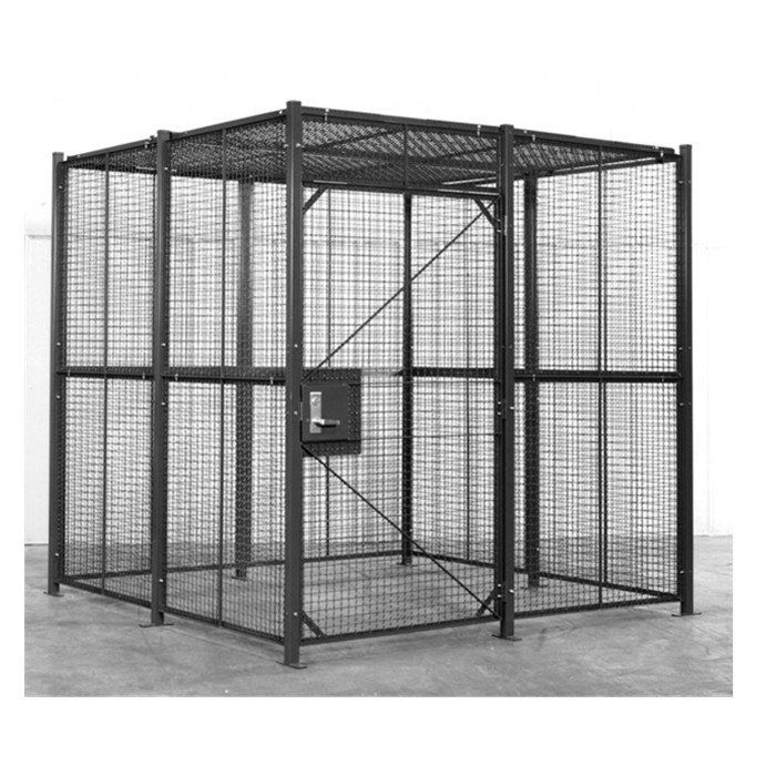 A black and white photo of a metal cage with a door.