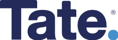 A blue tate logo on a white background