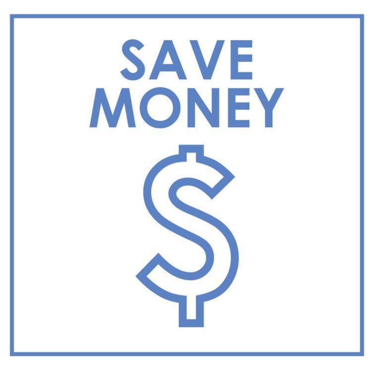 A blue icon with a dollar sign and the words `` save money ''.
