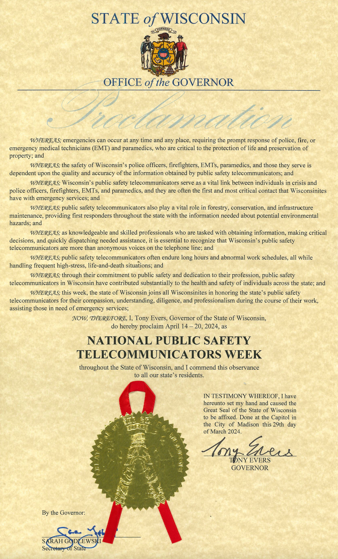 A state of Wisconsin declaration with a seal on it