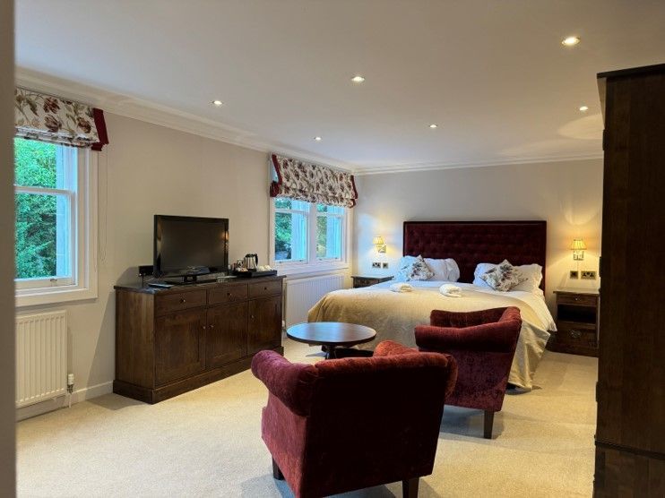 Bedroom with a bed, two red chairs, TV cabinet, windows, and recessed ceiling lights