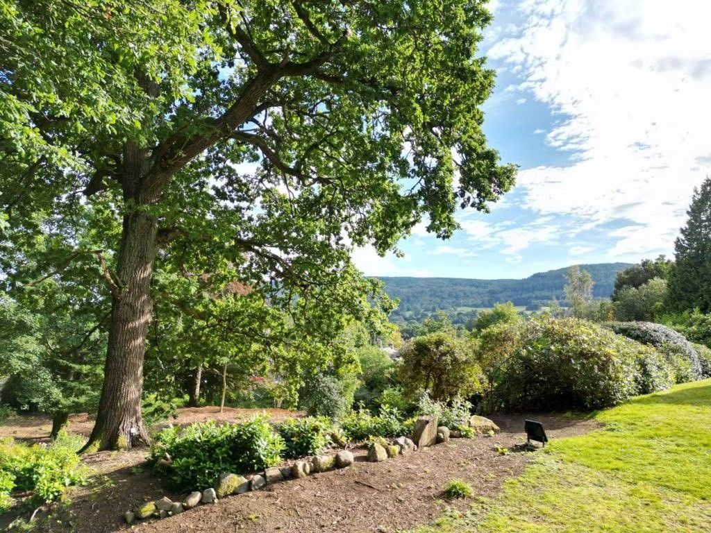 Tree-shaded garden with flower beds, lawn, and distant hills under a partly cloudy sky