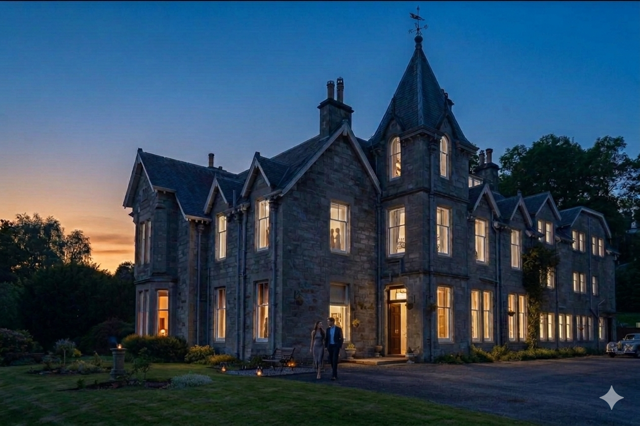 Stone manor house at dusk with lit windows and a steep slate roof under a blue evening sky