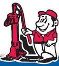 Cartoon man pumping a red water pump; smiles.
