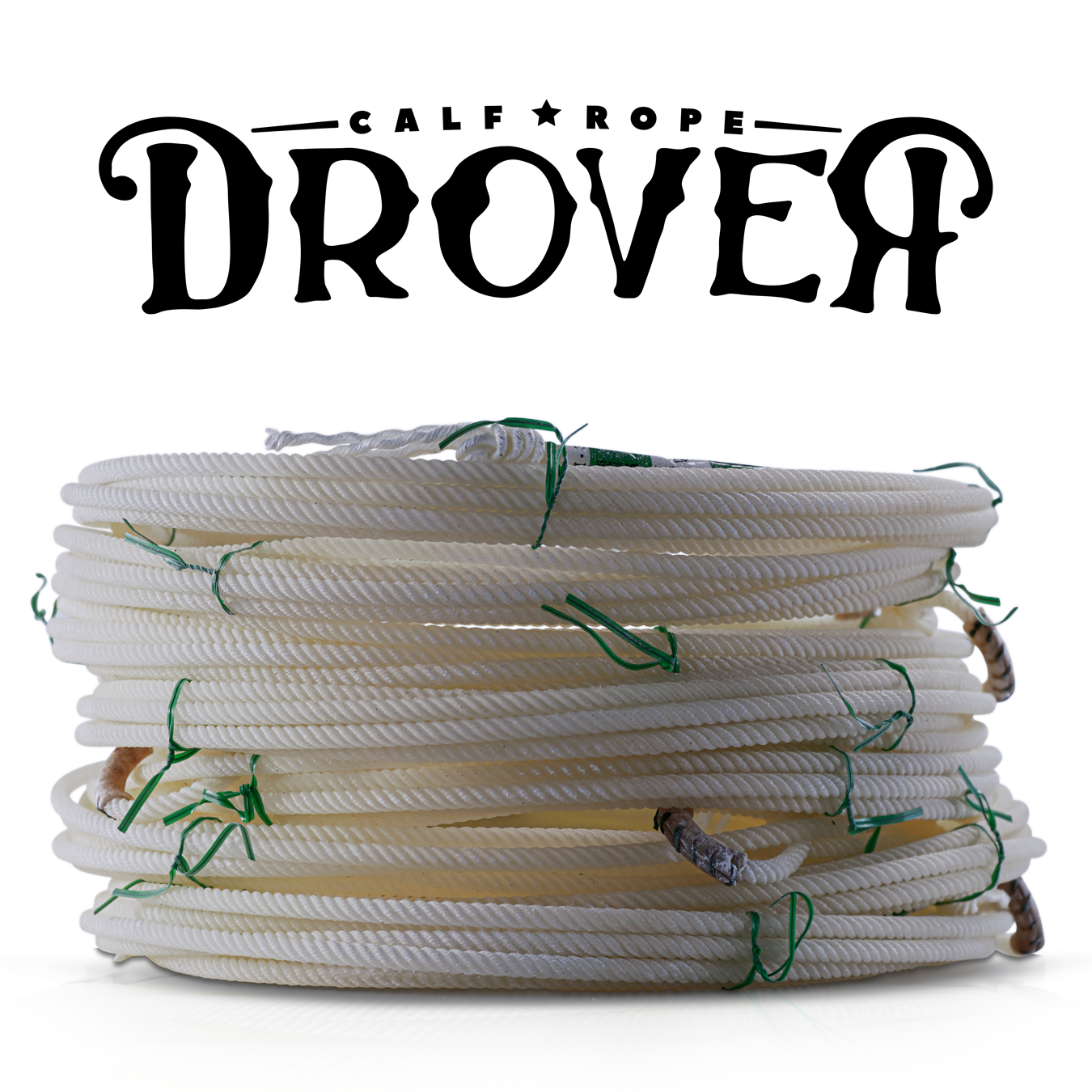 White rope coiled on a surface, with Calf Rope Drover above