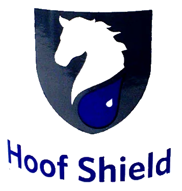 Hoof Shield logo with white horse head, blue teardrop