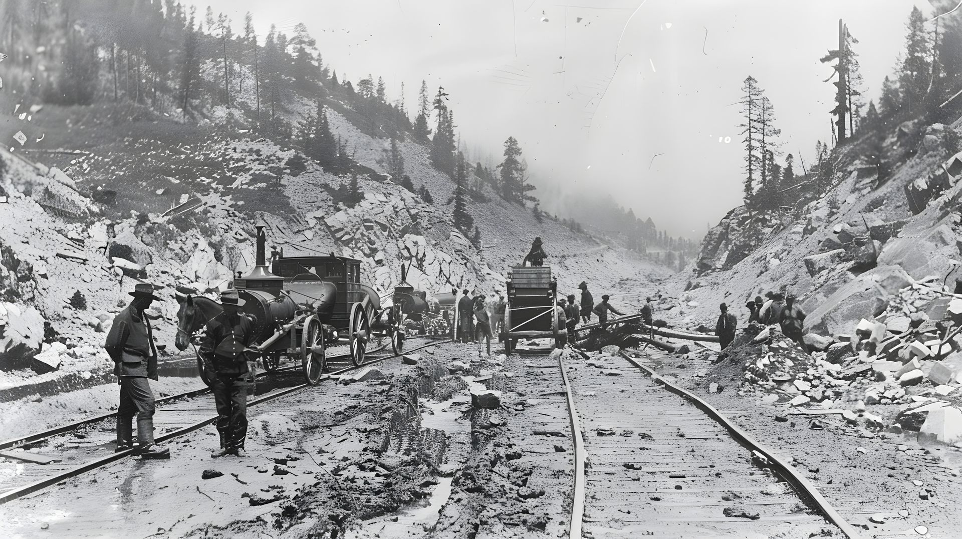 A black and white photo of people working on a train track