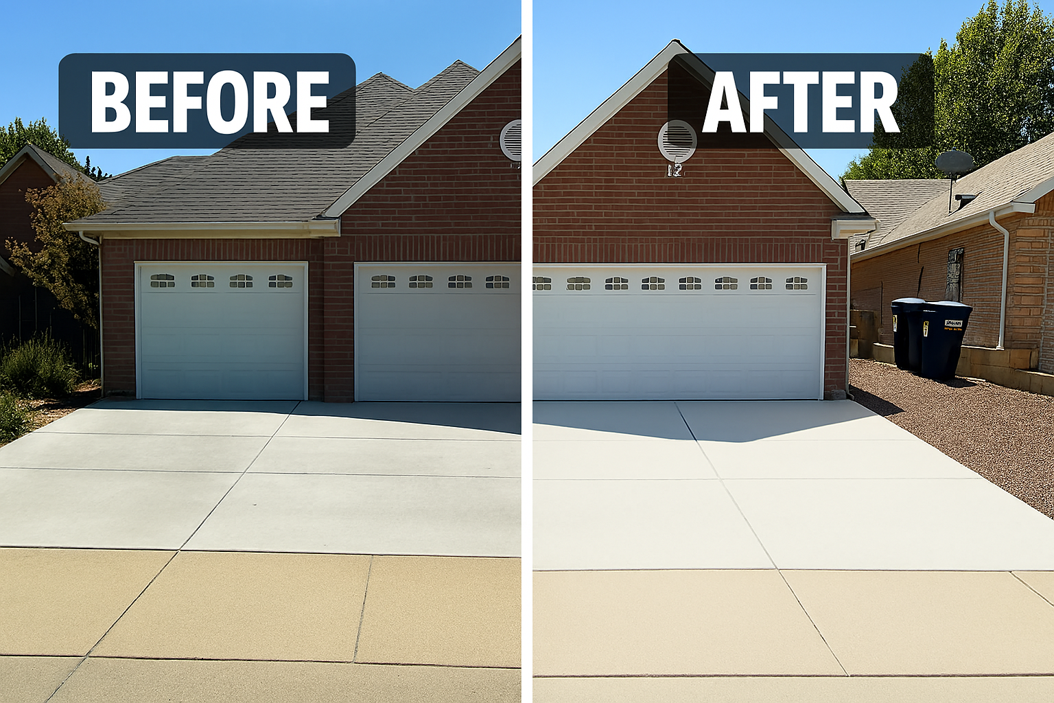 Before-and-after photo of a driveway. The 