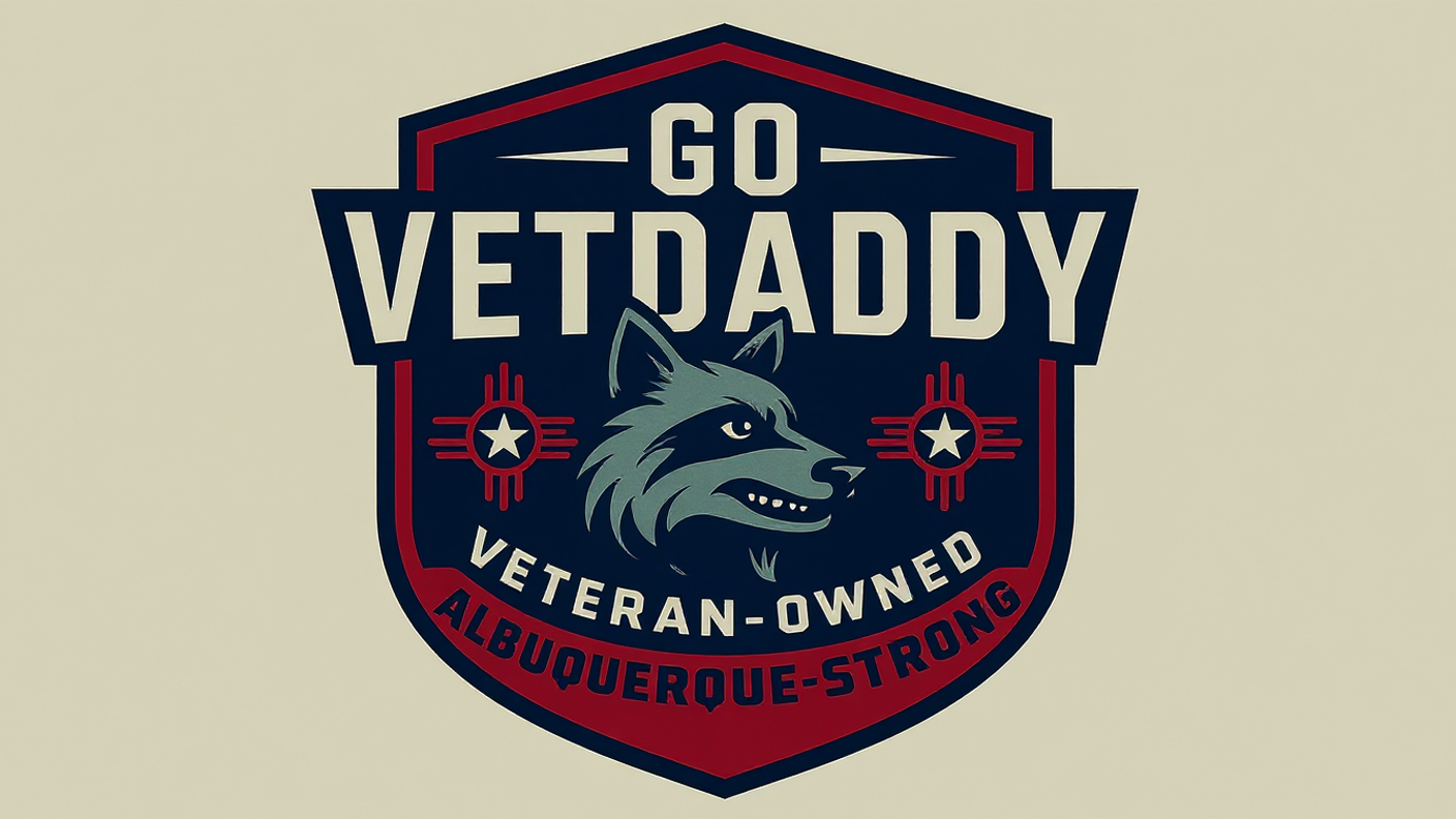 Logo for Go VetDaddy: a shield-shaped emblem with a wolf, text