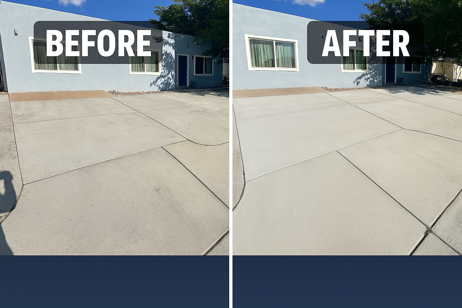 Before and after comparison of a concrete driveway; the 