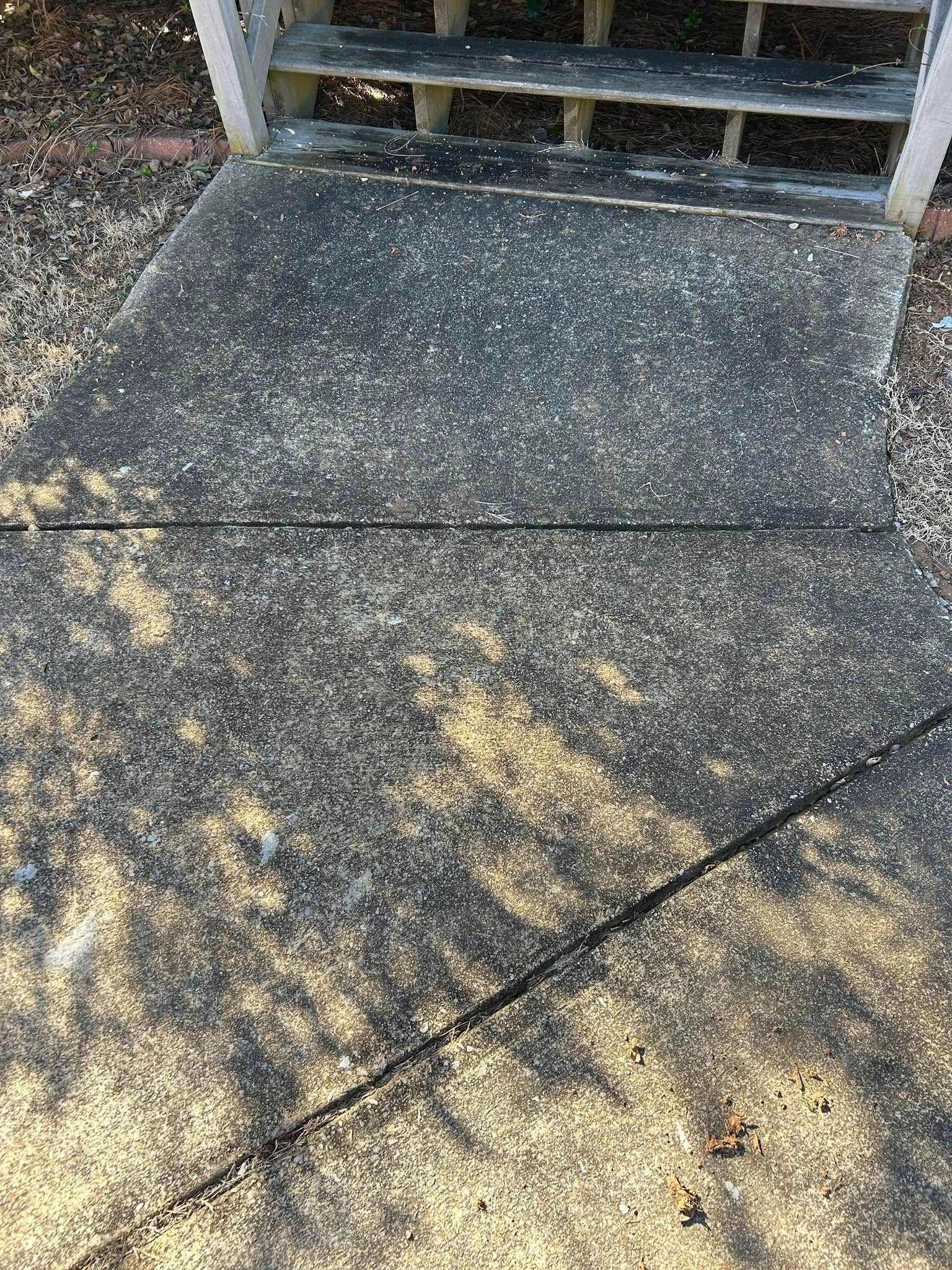 Cracked concrete walkway leading to a metal gate, with scattered light-colored debris on the ground