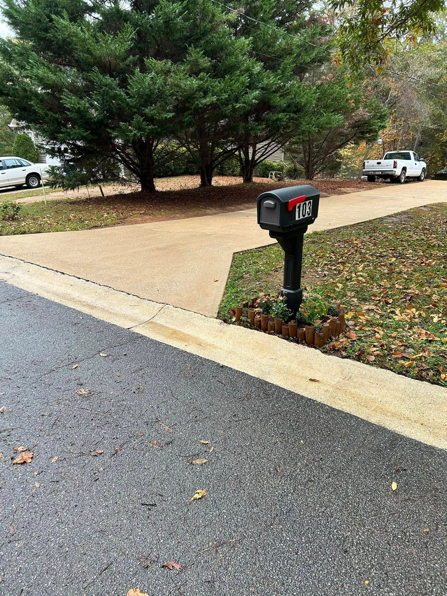 Mailbox beside a driveway and road, with trees and parked cars in the background.